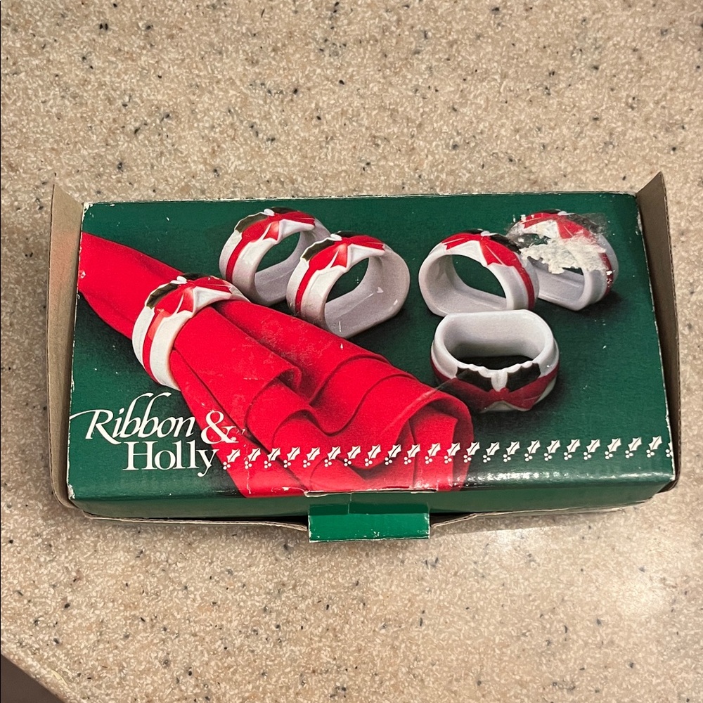 Festive Vintage Ribbon and Holly Napkin Rings Set